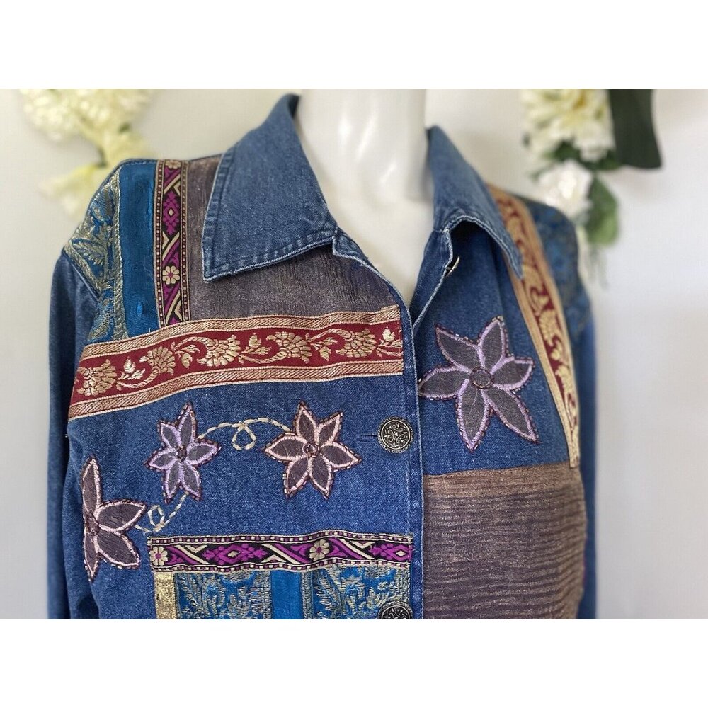 Bedford Fair Lifestyles Jean Shirt Jacket w Embroidery Appliques Beads Sz L Vtg - Picture 5 of 16
